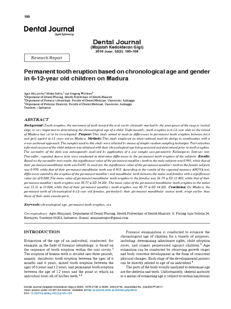 Permanent Tooth Eruption Based On Chronological Age and Gender in 612Year Old Children On