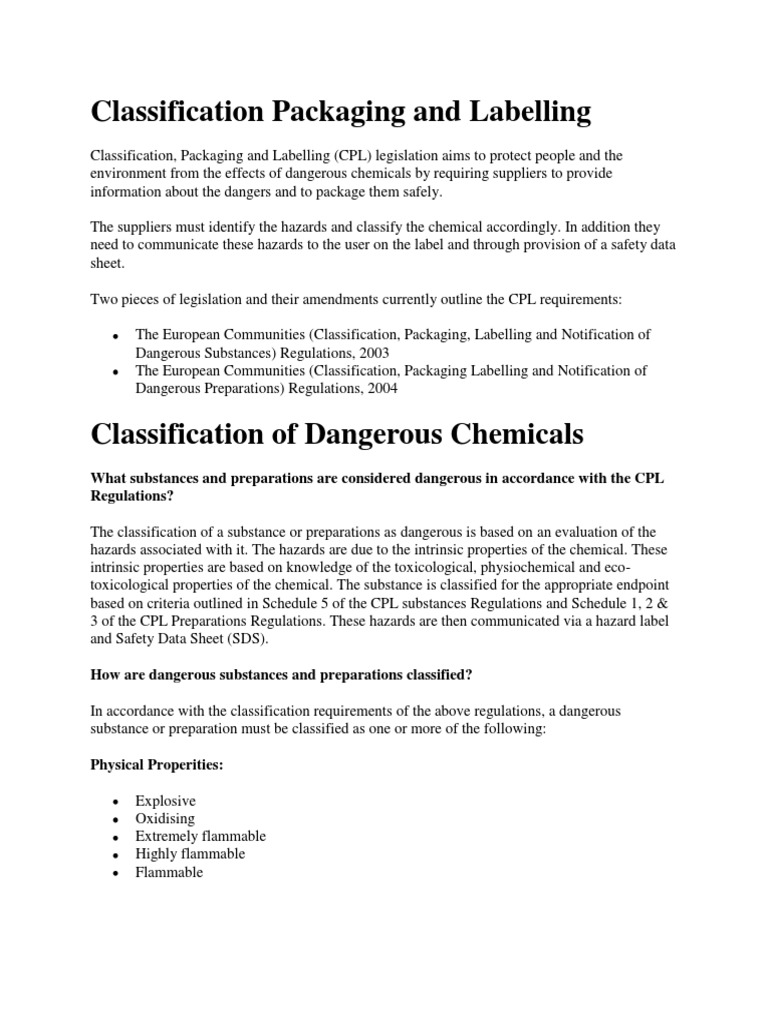 Classification Packaging and Labelling PDF Toxicity Safety