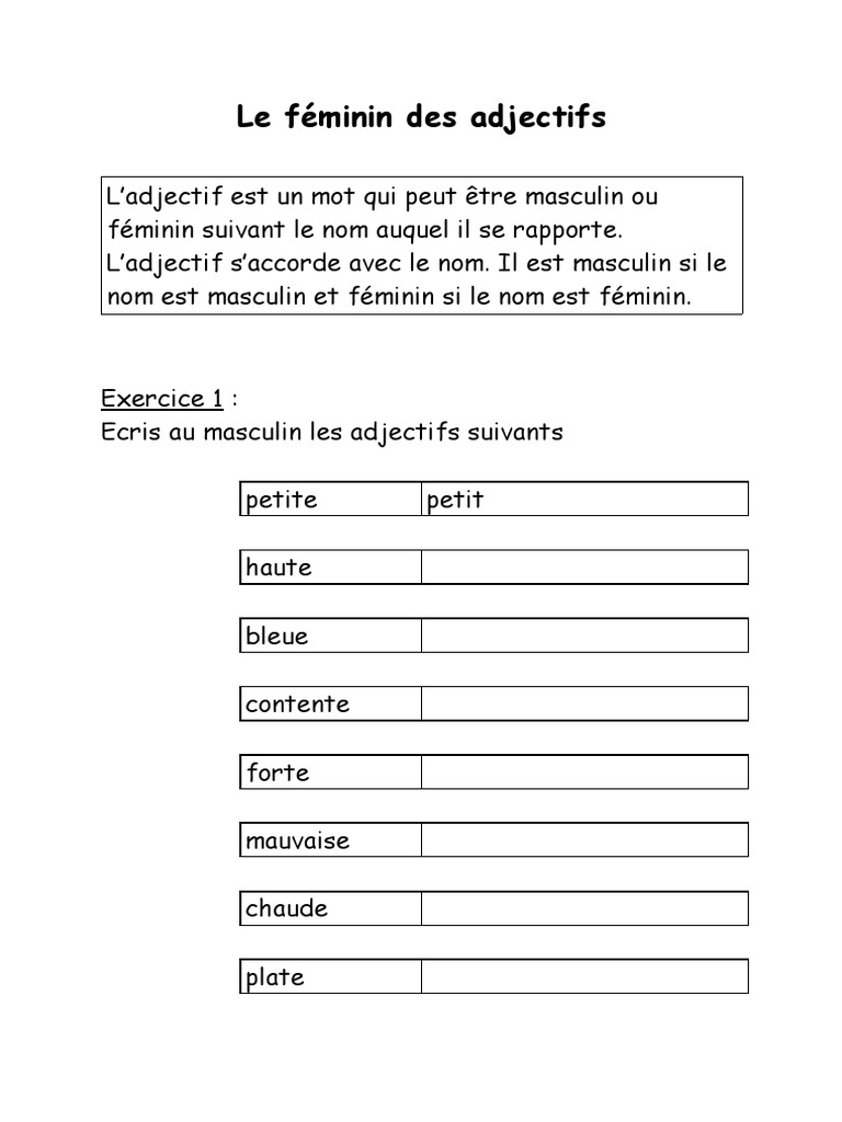 L accord De L adjectif Qualificatif Exercices Pdf Cm1 Ortho Feminin Des Adjectifs | PDF