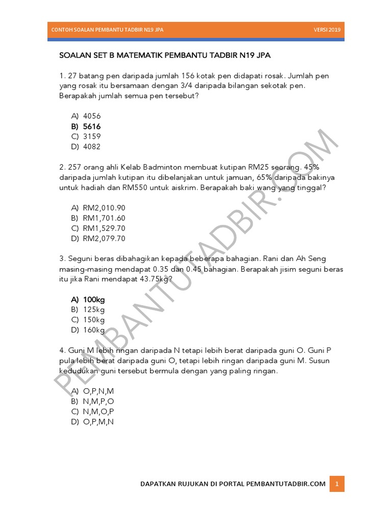 Contoh Soalan Matematik Set B Pembantu Pdf