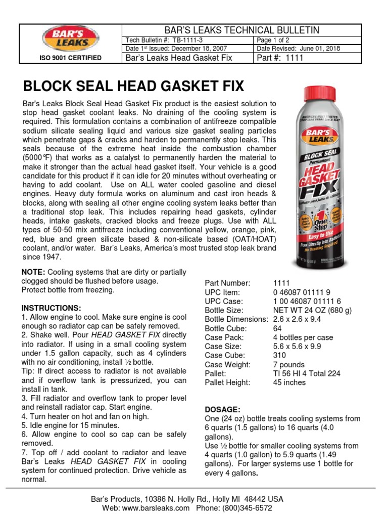 Bar's Head Gasket Sealer PDF Vehicle Parts Engines