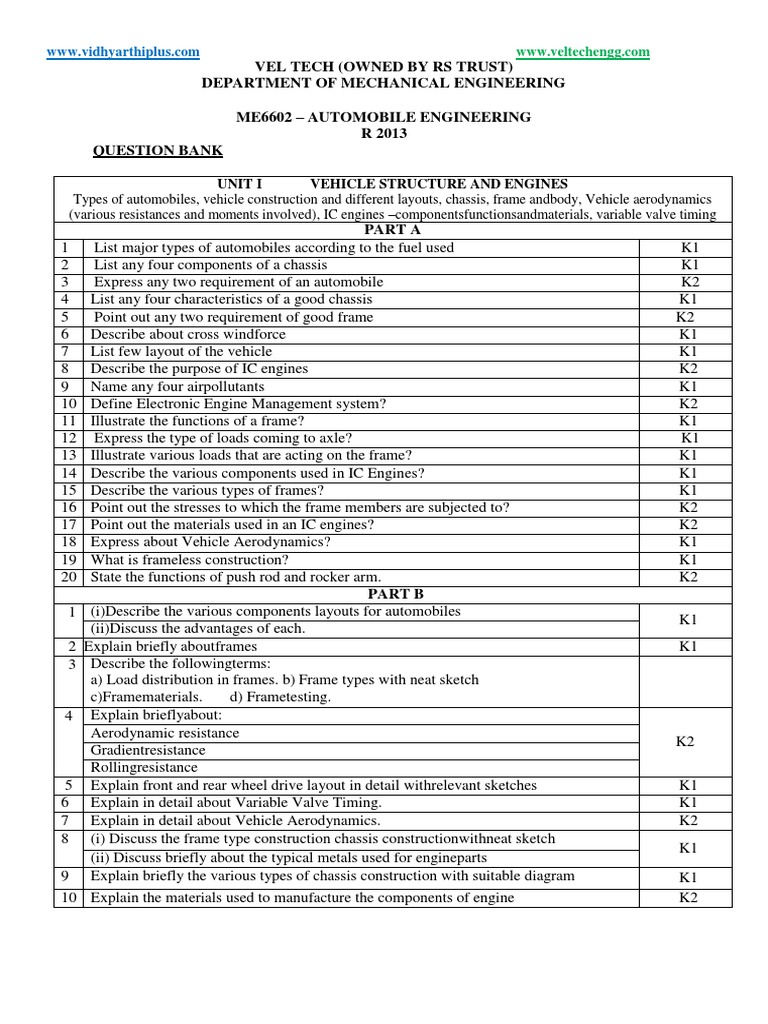 Automobile Engineering Question Bank | PDF | Transmission (Mechanics ...