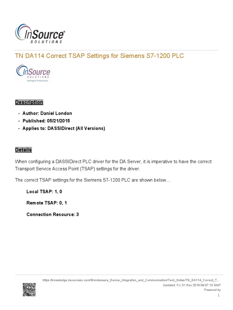 TSAP Settings for Siemens S7-1200 | PDF