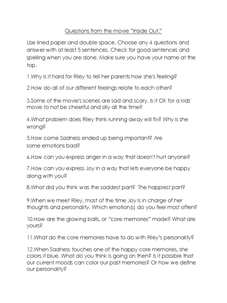 Inside Out Movie Questions  PDF Pertaining To The Core Movie Worksheet Answers