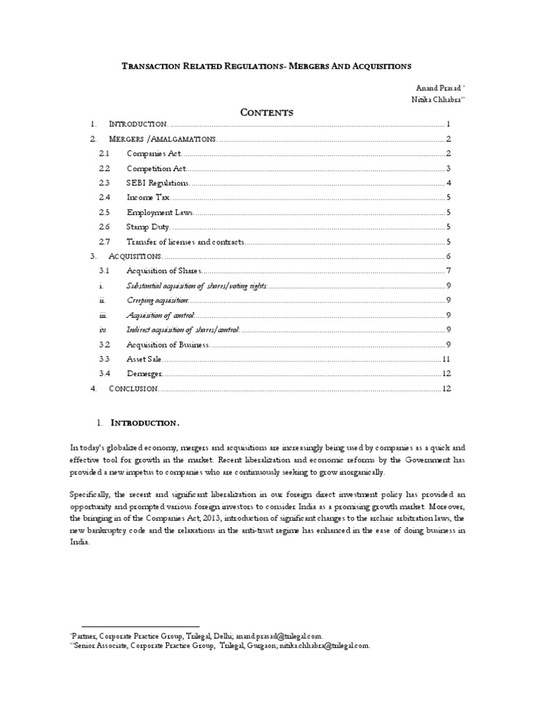 Mergers and Acquisitions Regulations in India | PDF | Mergers And ...