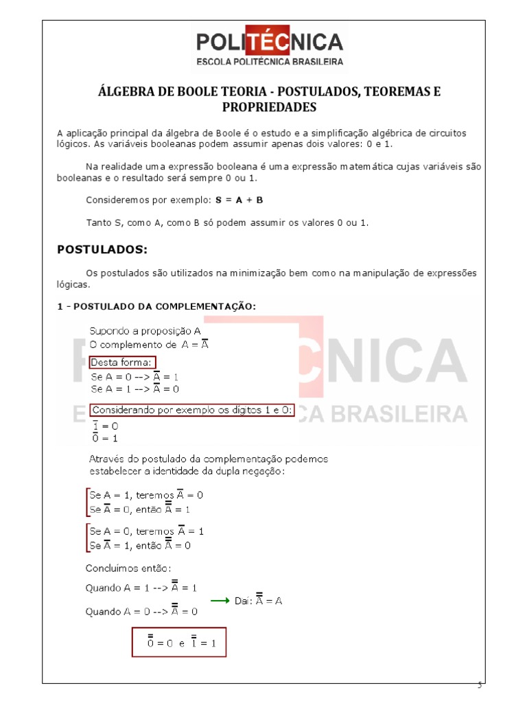 Teoremas e Propriedades da Álgebra de Boole | PDF | Axioma | Álgebra ...