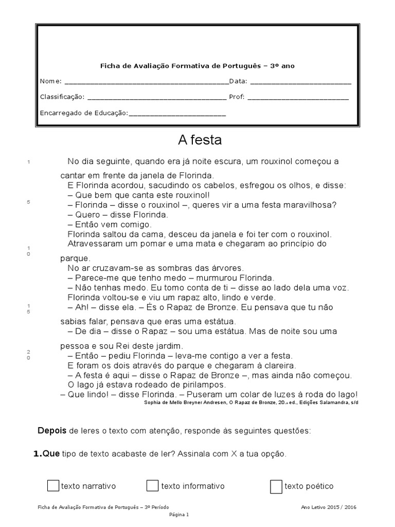 Ficha de Avaliação: Português 3º Ano | PDF