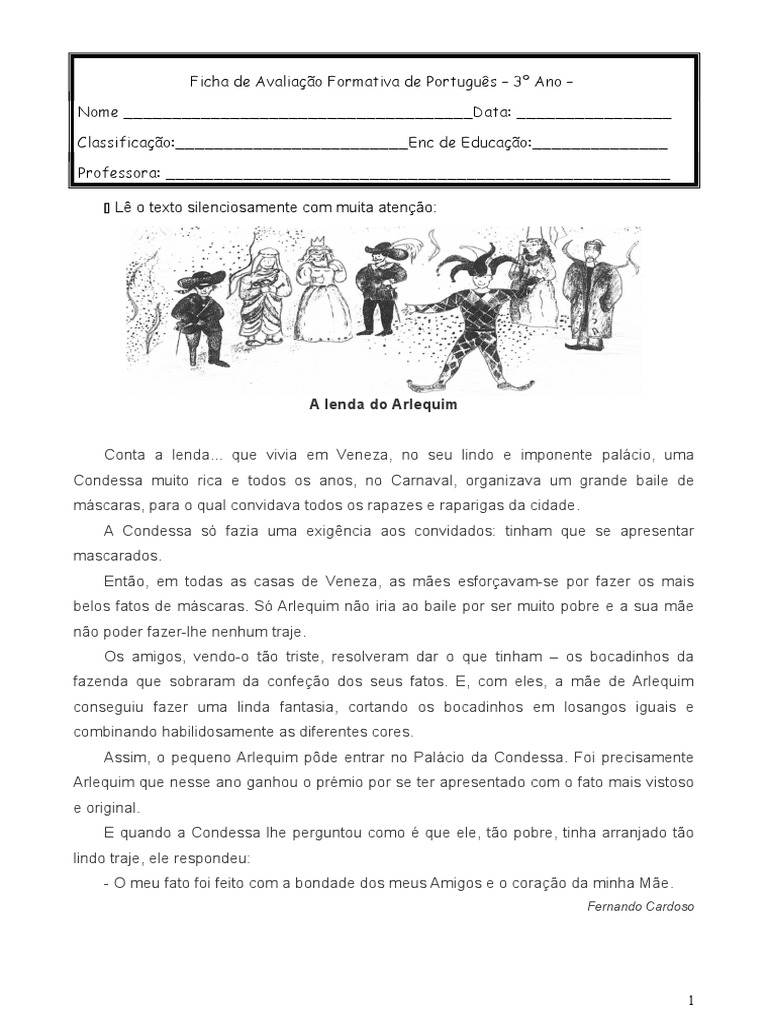 Ficha de Avaliação de Português - 3º Ano | PDF | Idiomas