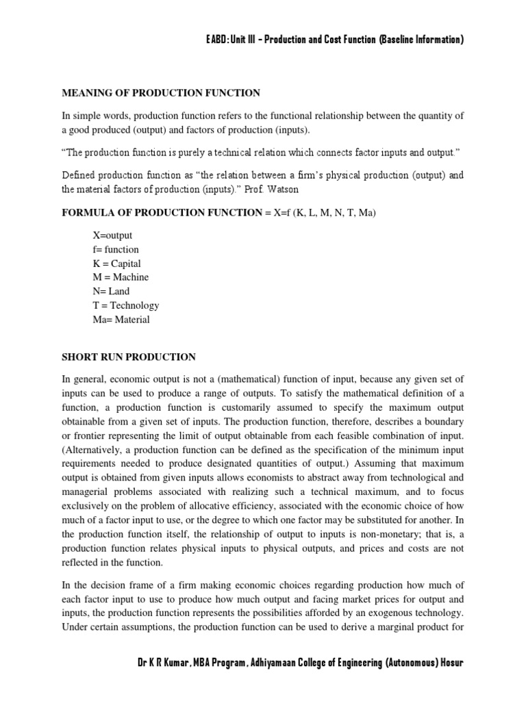 Production and Cost Function Insights | PDF | Production Function ...