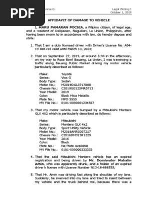 Affidavit of Damage to Vehicle