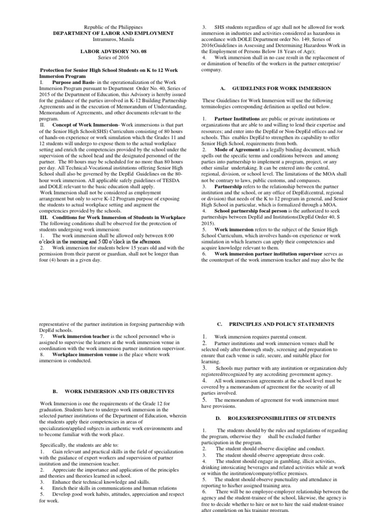 Guidelines for K-12 Work Immersion | PDF | Employment | Curriculum