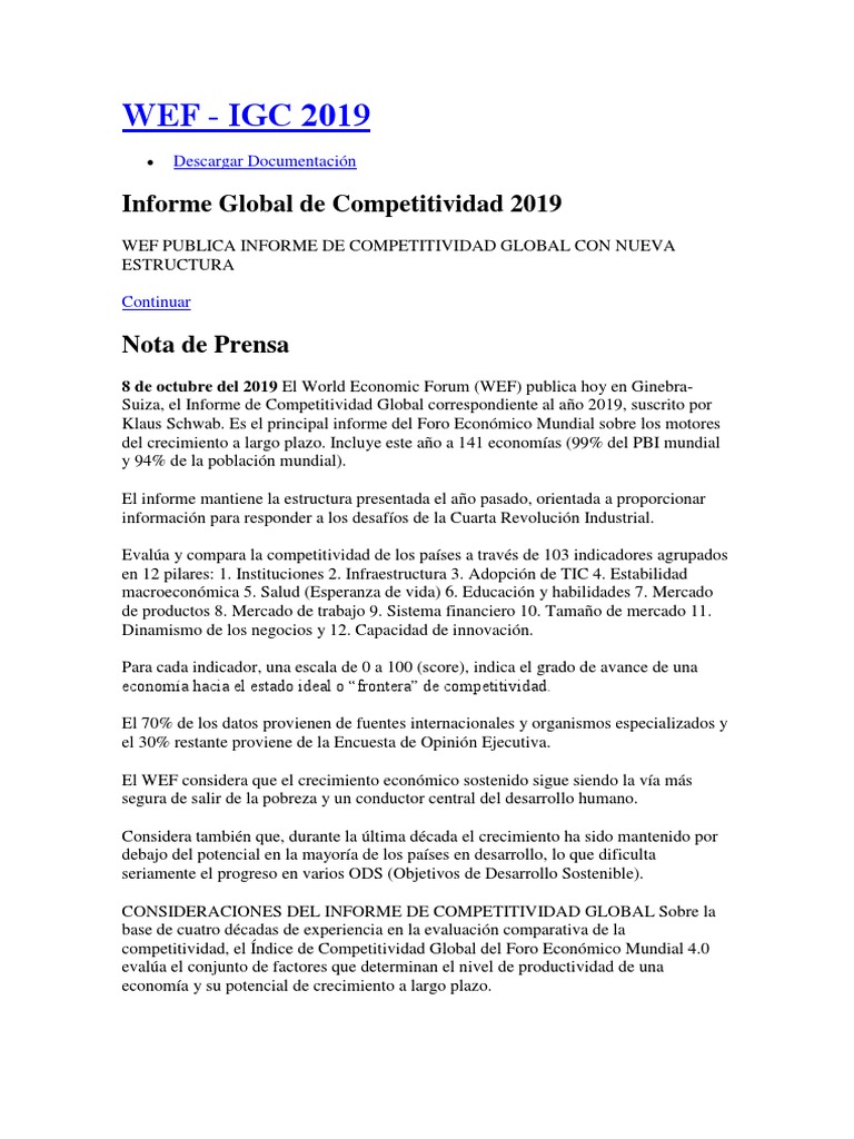 Informe Global de Competitividad 2019 | PDF | foro Economico Mundial ...