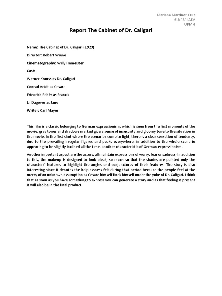 Mariana Martinez Cruz - Report The Cabinet of DR PDF | PDF
