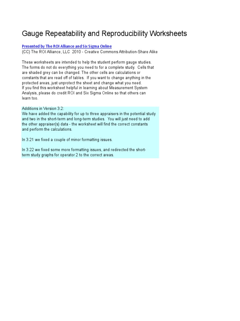 Gauge R&R Worksheets for MSA | PDF | Six Sigma | Teaching Mathematics