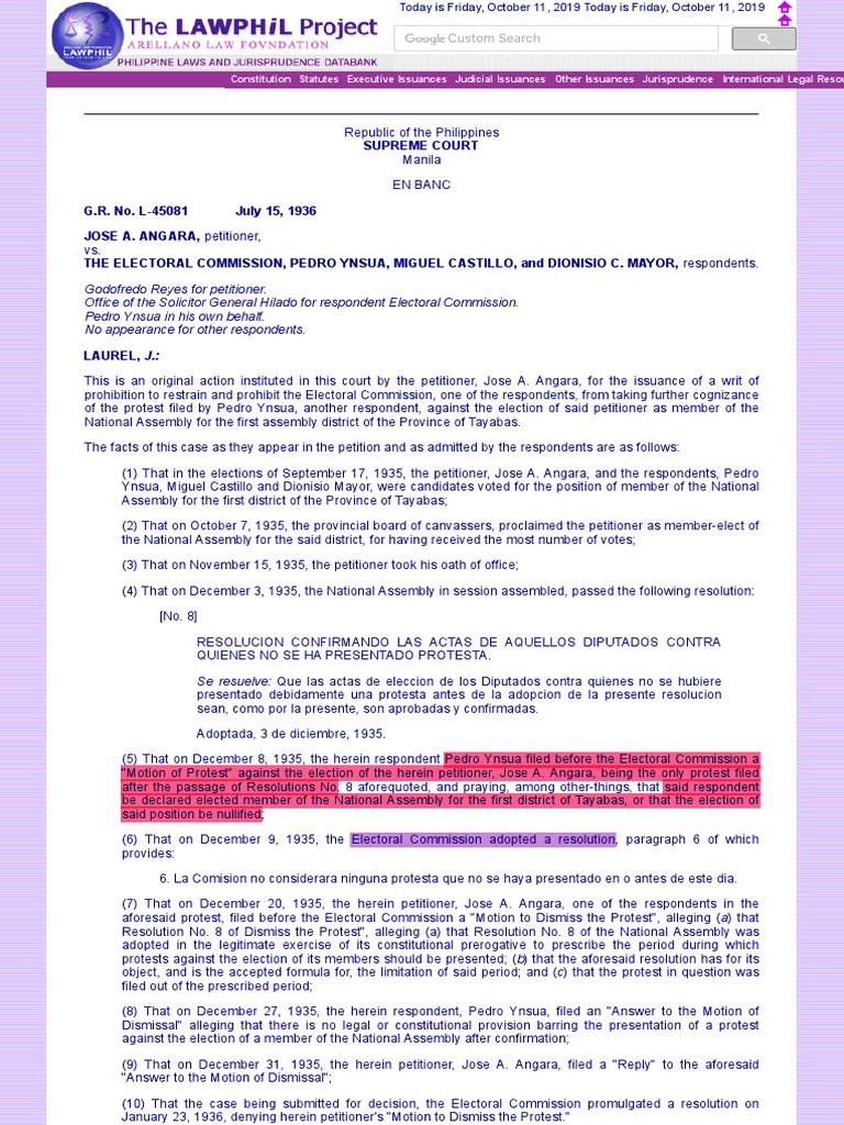 Angara Vs Electoral Comm | PDF | United States Constitution | Supreme ...