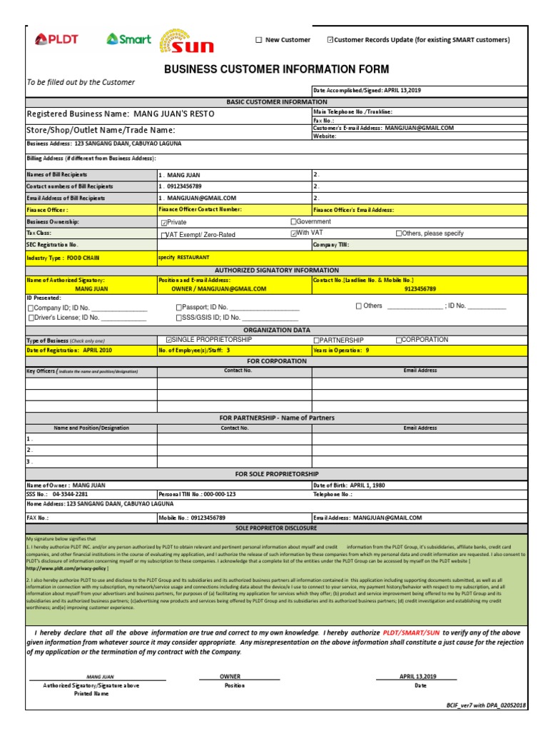 Business Customer Information Form Registered Business Name MANG JUAN