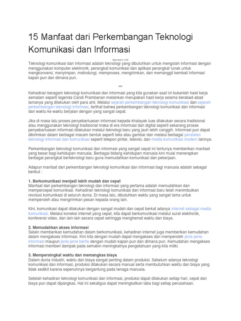 Manfaat Teknologi Informasi & Komunikasi | PDF