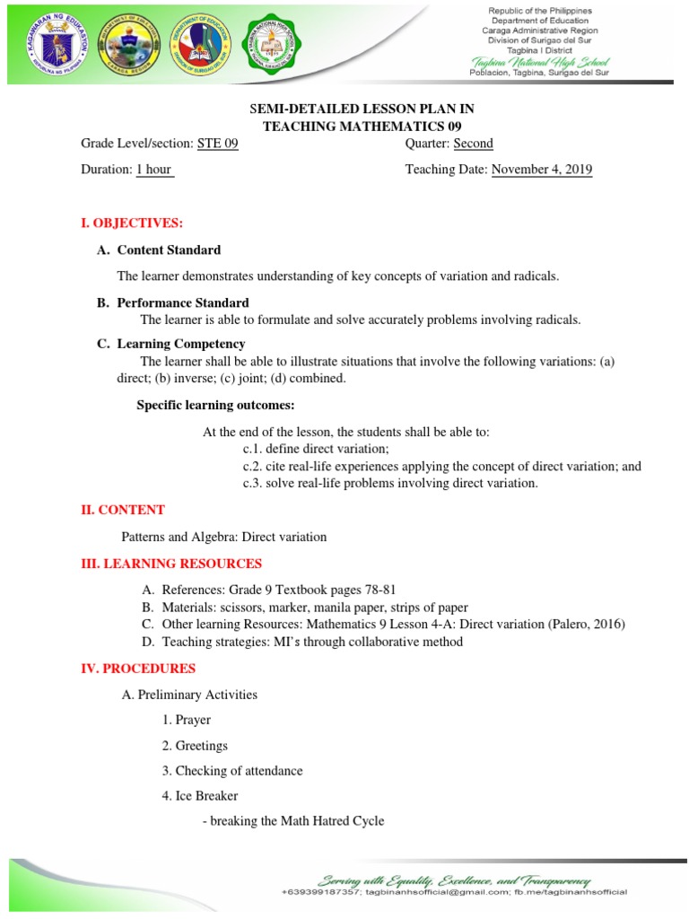 Direct Variation Lesson Plan for Grade 9 | PDF | Speed | Teaching ...