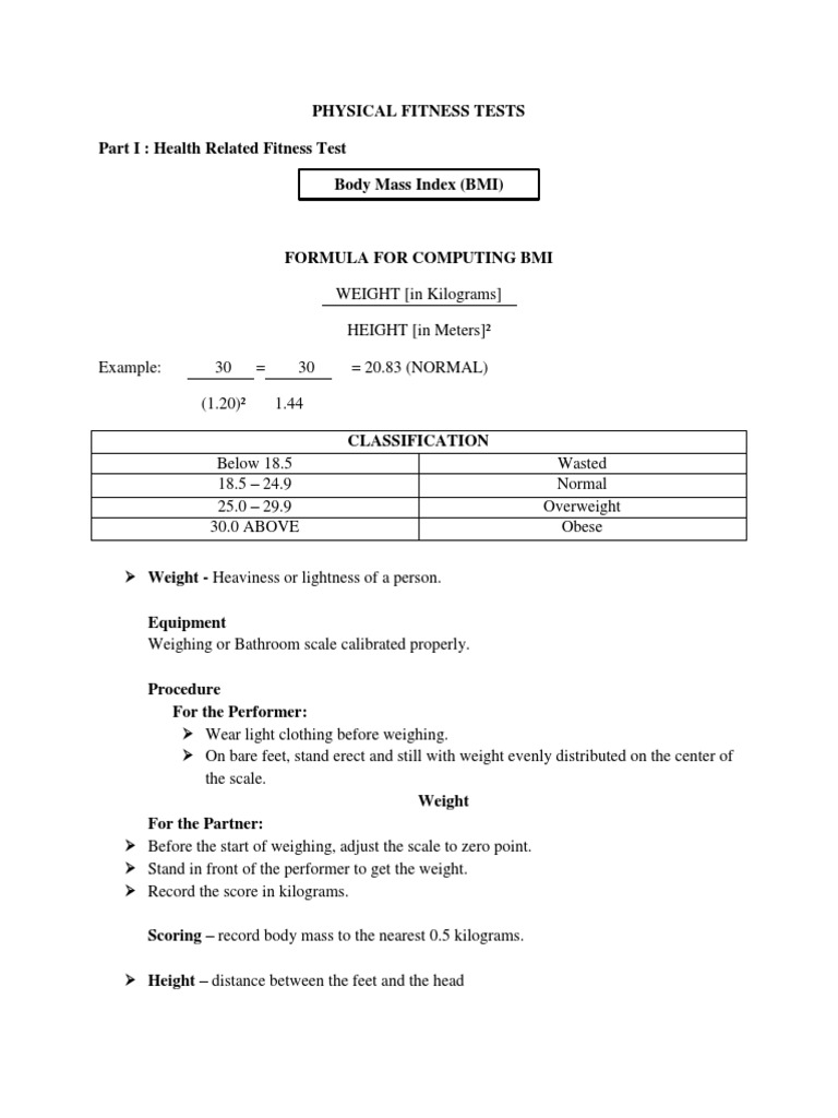Physical Fitness Tests Part I: Health Related Fitness Test Body Mass ...
