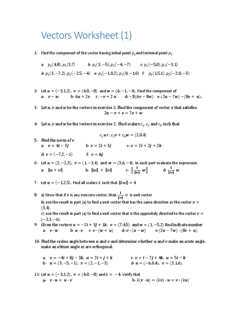 Vectors Worksheet1 Euclidean Vector Force