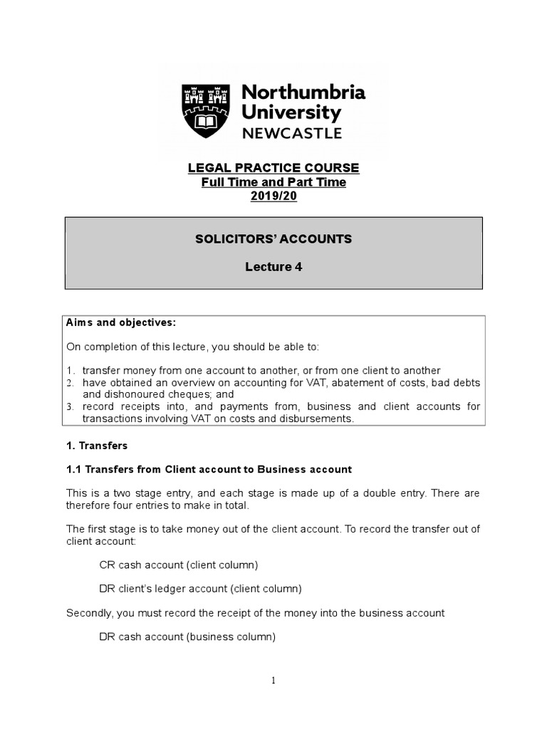 Solicitors Accounts Lecture 4 Handout PDF Value Added Tax Debits And Credits