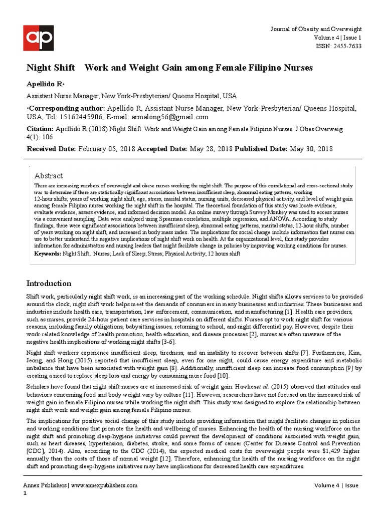 Night Shift Work and Weight Gain Among Female Filipino Nurses PDF