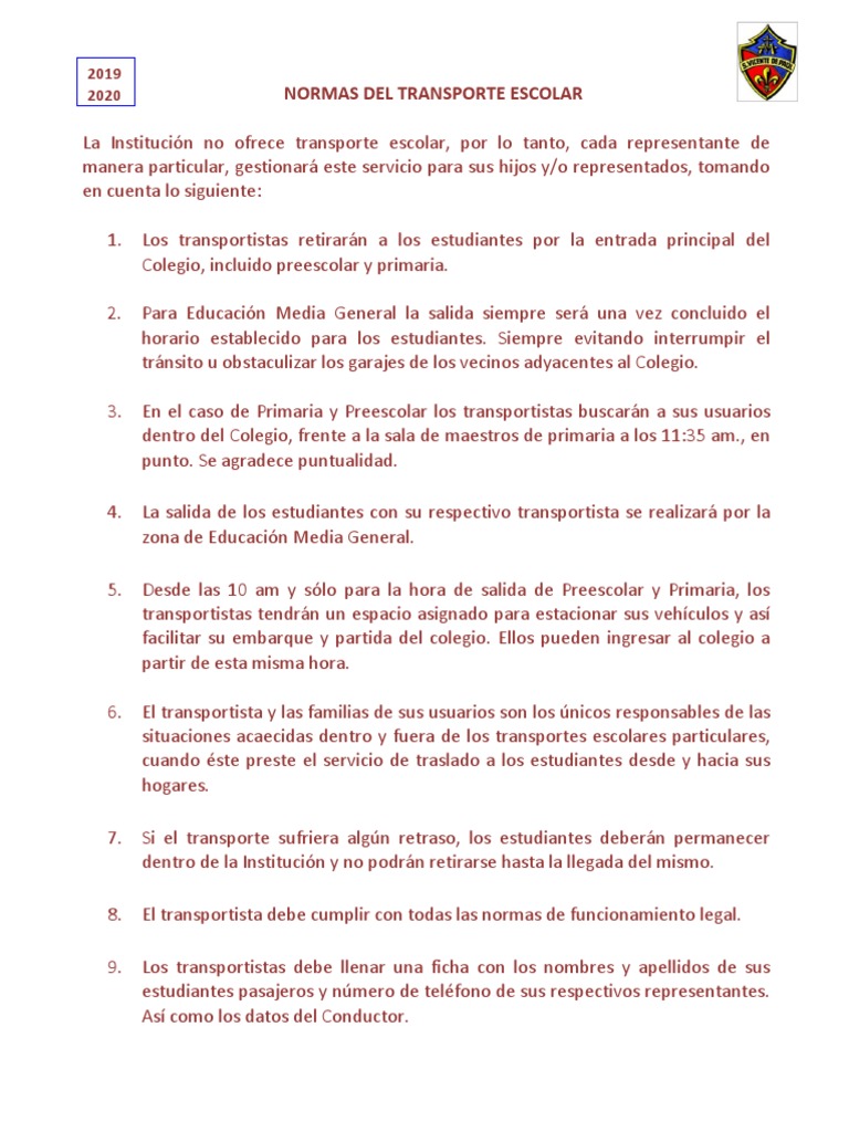 Normas Del Transporte Escolar | PDF | Educación de la primera infancia ...