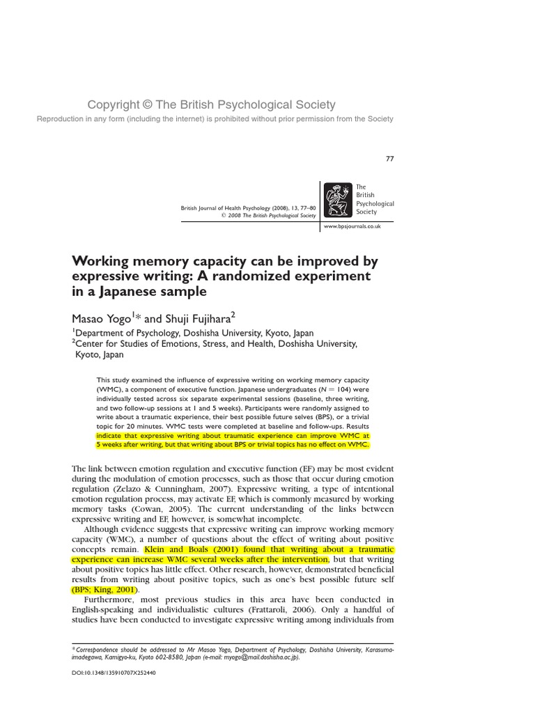 Random Memory by Expressive Writing | PDF | Working Memory | Psychology