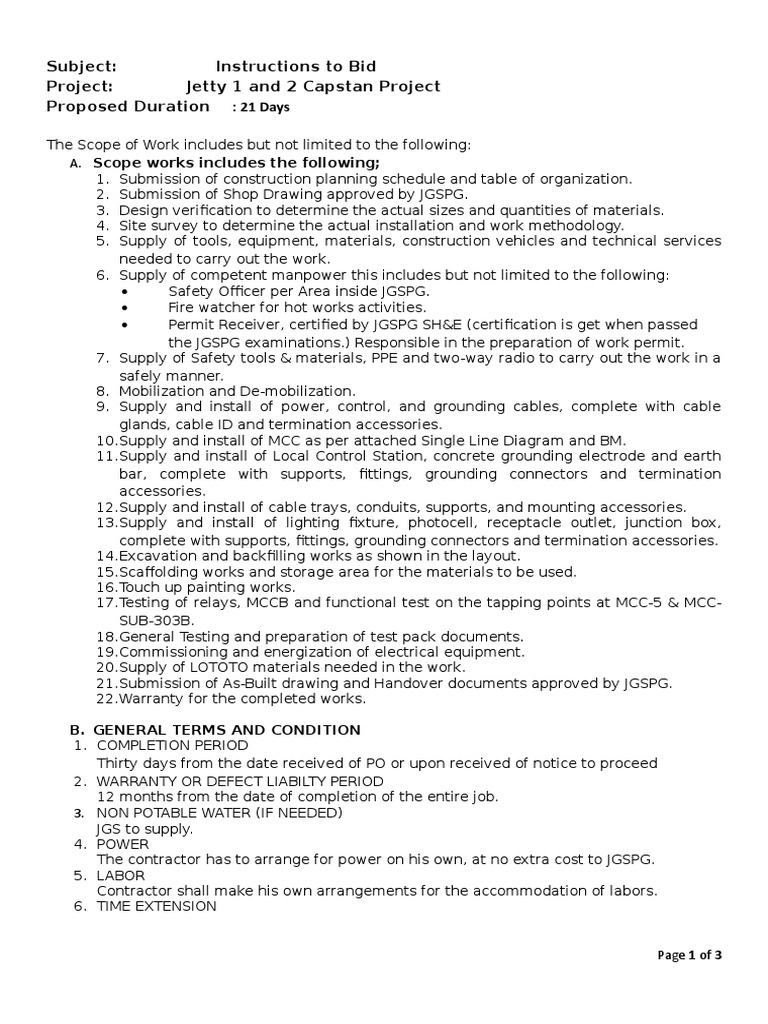 Subject Instructions To Bid Project Jetty 1 and 2 Capstan Project