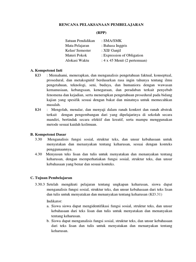 Rpp Kelas Xii Kd 3 30 Expression Of Obligation