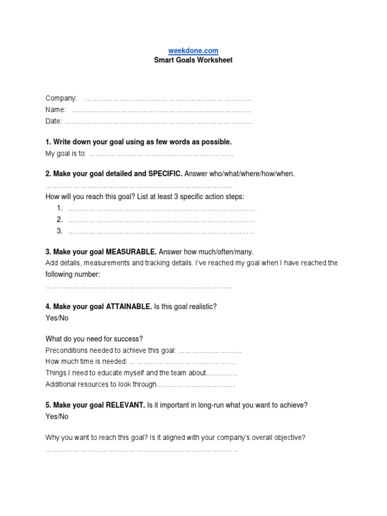 SMART Goals Worksheet by Weekdone | PDF | Goal | Psychological Concepts