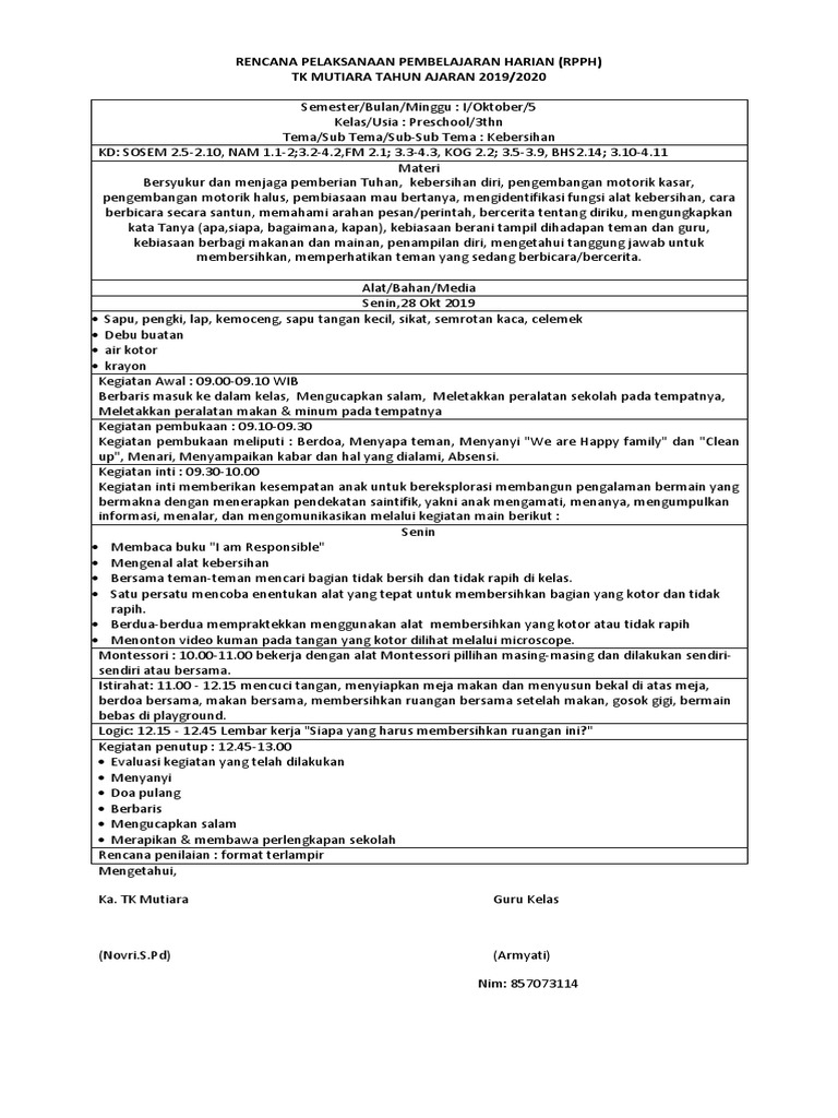 RPPH Kebersihan untuk Anak TK | PDF