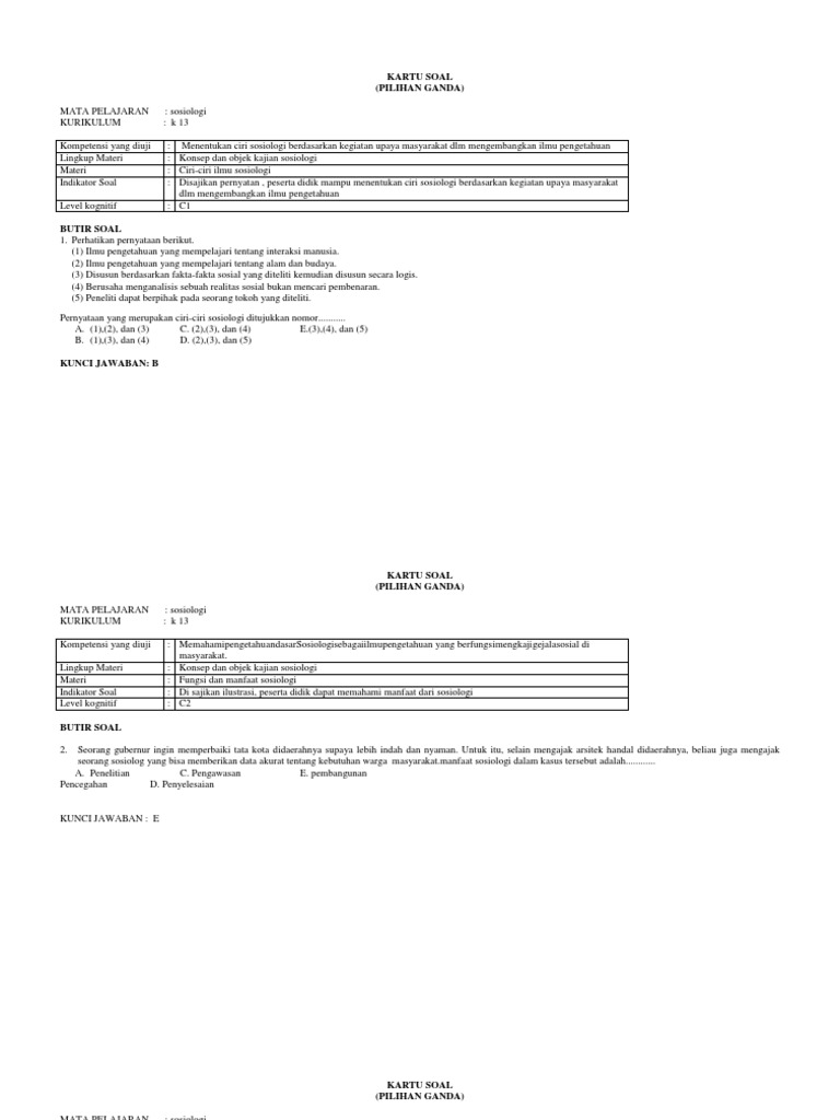 Kartu Soal Sosiologi Docx