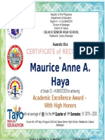 Maurice Anne A. Haya: Certificate of Recognition