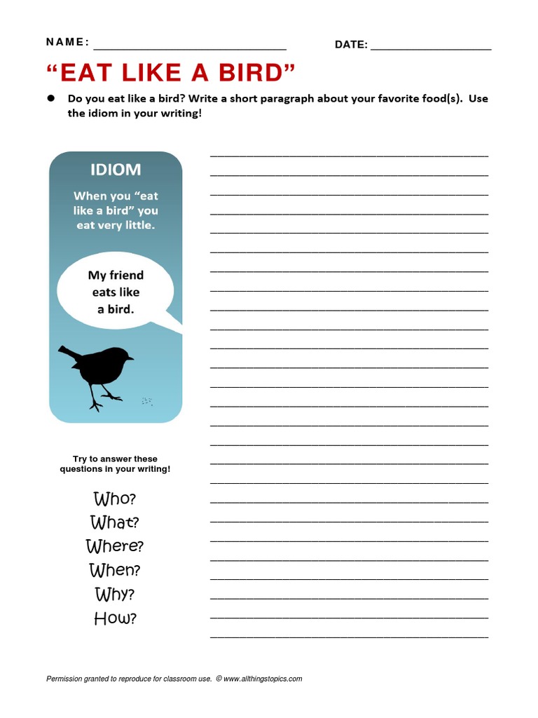 Eat Like Bird Idiom Writing Activity PDF Learning Communication
