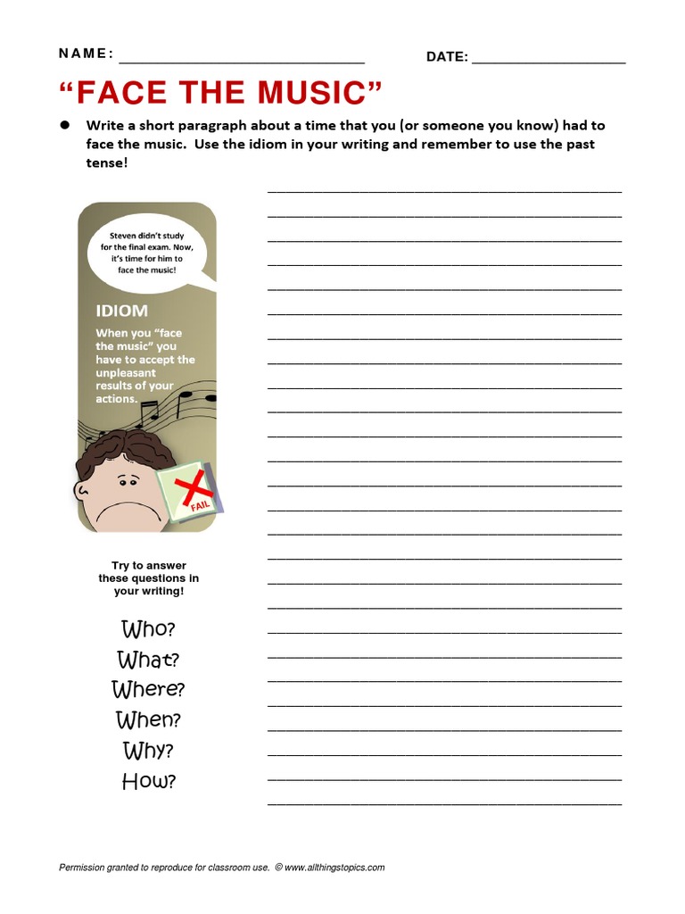 Face The Music Idiom Writing Activity PDF Communication Cognition