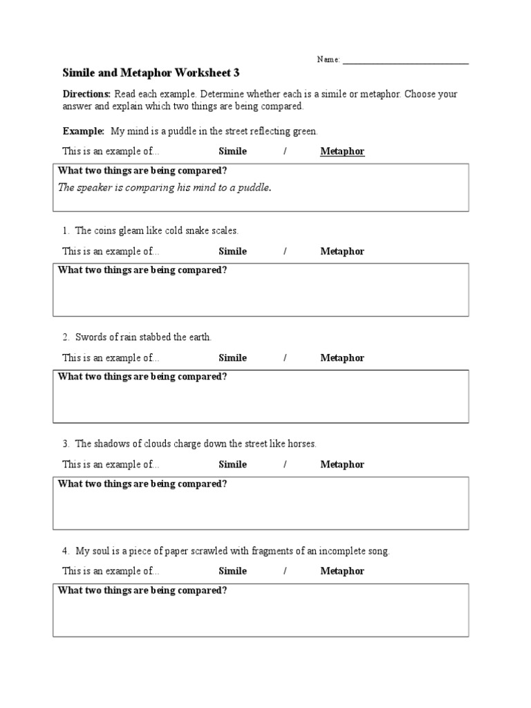 Simile and Metaphor Worksheet 11  Metaphor  Nature Intended For Similes And Metaphors Worksheet