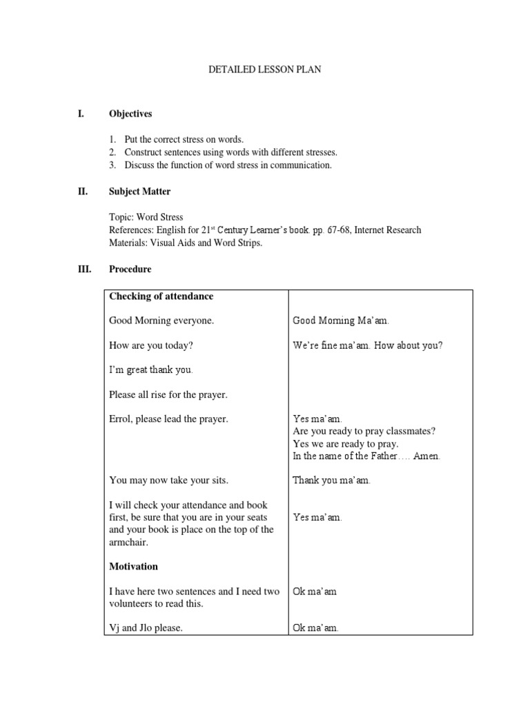 Tagalog Lesson Plan on Attendance Checking | PDF | Stress (Linguistics ...