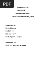 Assignment On Section 18 "Misrepresentation" The Indian Contract Act, 1872