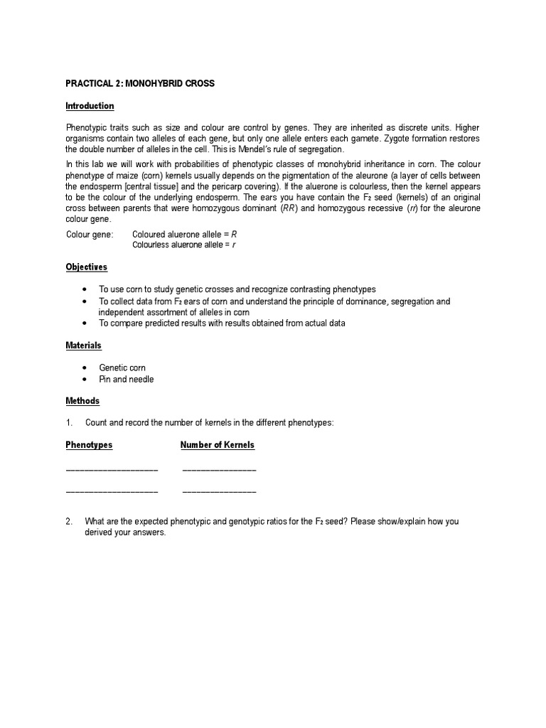 Monohybrid and Dihybrid Cross Lab Guide | PDF | Dominance (Genetics ...