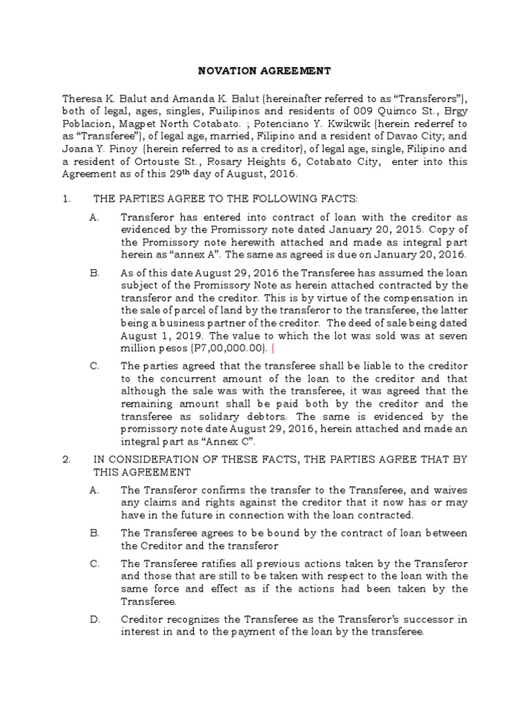 Novation Agreement Promissory Note Loans