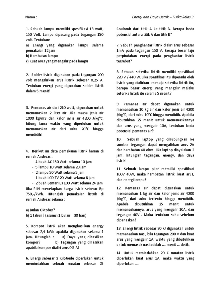 Soal Energi dan Daya Listrik Kelas 9 | PDF