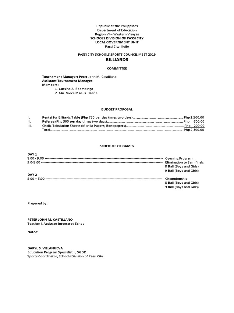 Billiards Tournament Rules & Budget 2019 | PDF | Ball Games | Cue Sports