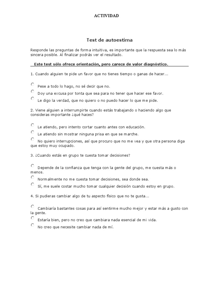 Actividad - Test de Autoestima | PDF | Crecimiento personal y ...