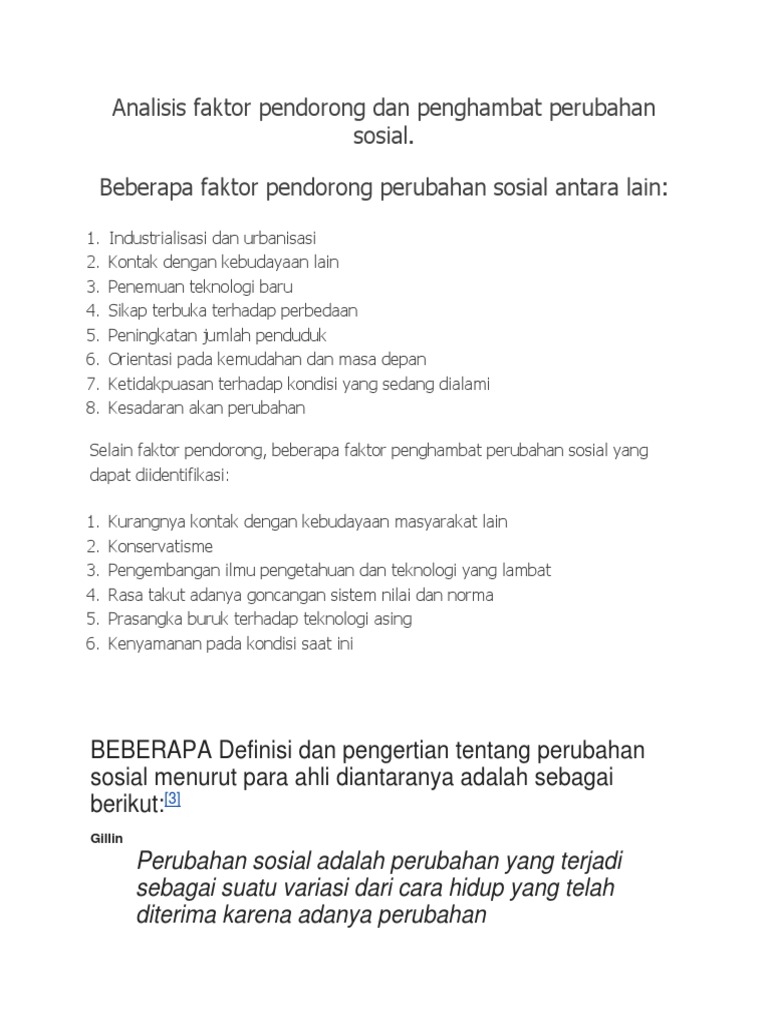 Analisis Faktor Pendorong Dan Penghambat Perubahan Sosial