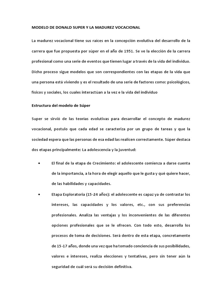 Modelo de Donald Super y La Madurez Vocacional | PDF | Planificación ...