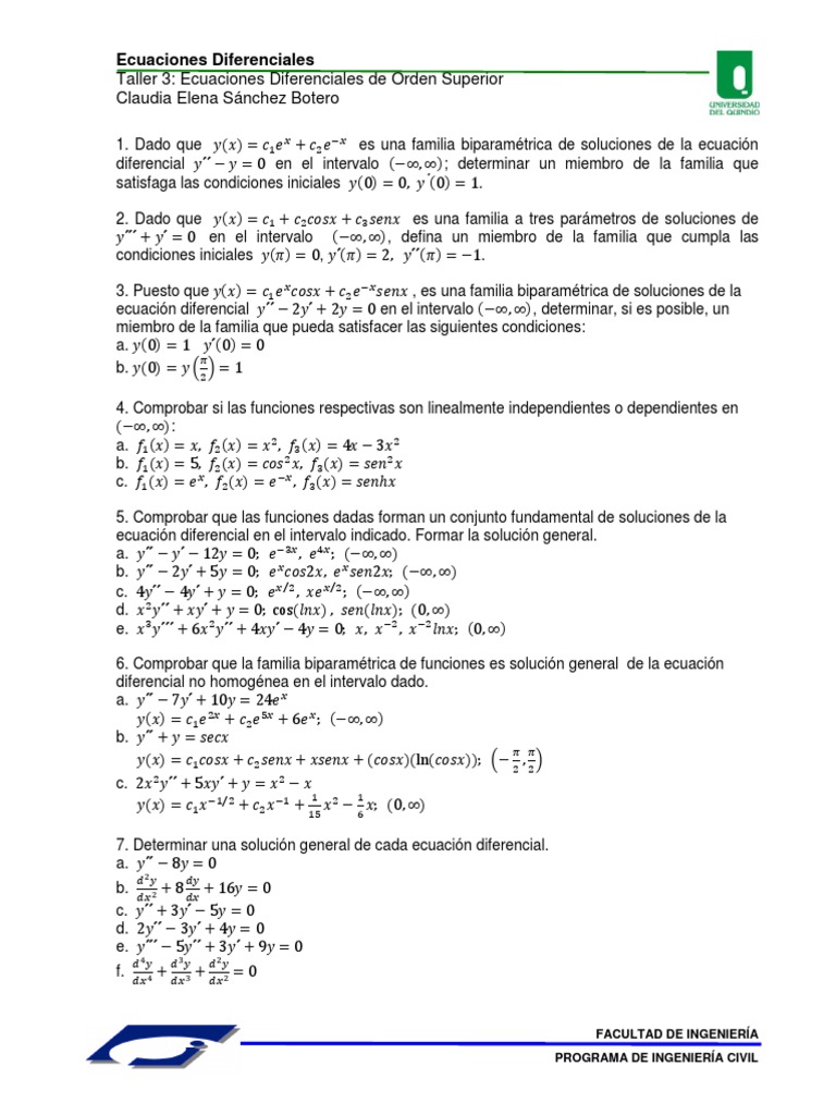 Taller 3 Ed De Orden Superior Pdf Ecuaciones Diferenciales Ecuaciones