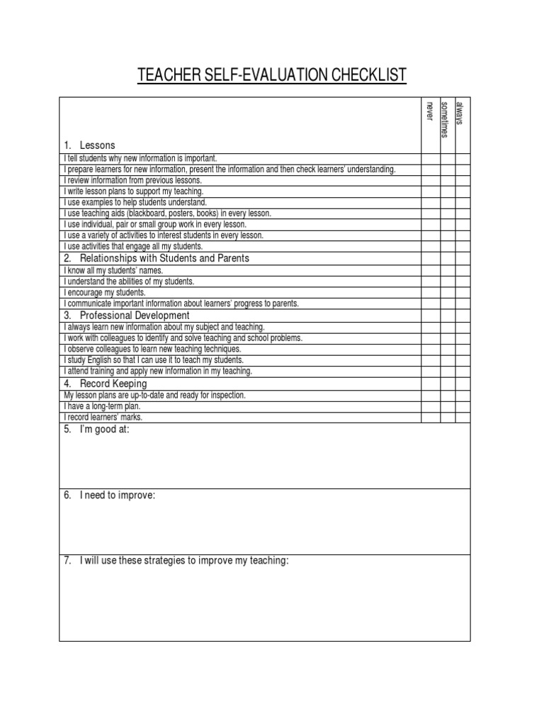 Teacher Self-Evaluation Checklist | PDF
