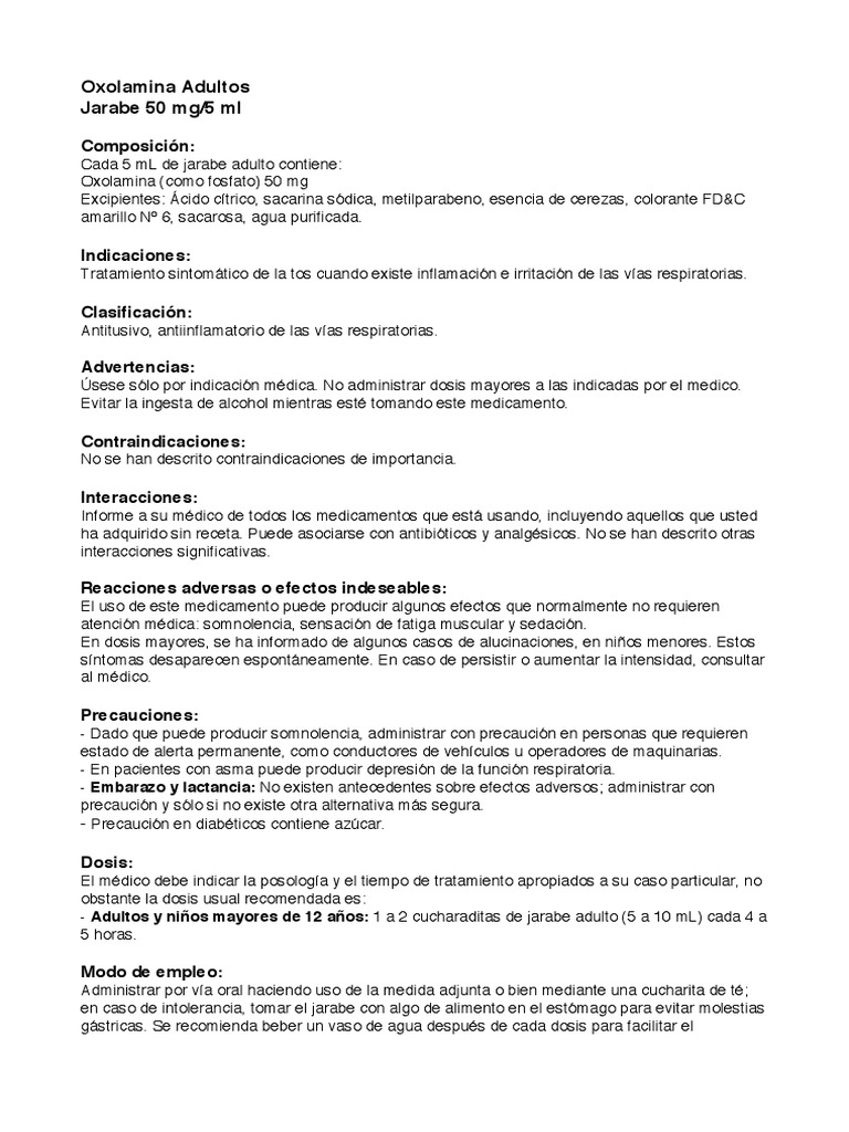 Oxolamina Adultos Jarabe 50 Mg 5 Ml Composicion Medicamentos Con Receta Asma