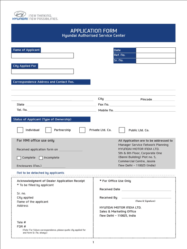 Application Form: Hyundai Authorised Service Center | PDF | Motor ...